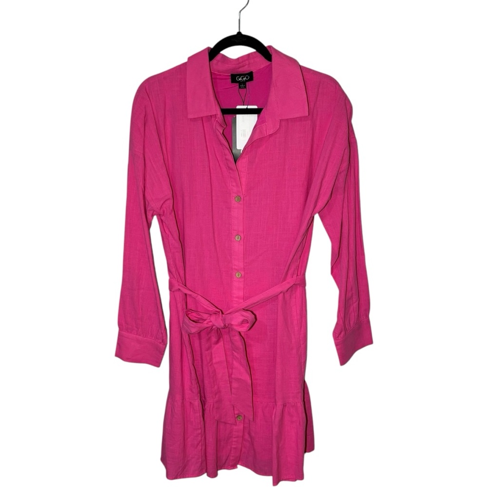 GiGiO Long Sleeve Mini Dress Button Down Collared 100% Cotton Pink Barbie - Picture 2 of 8